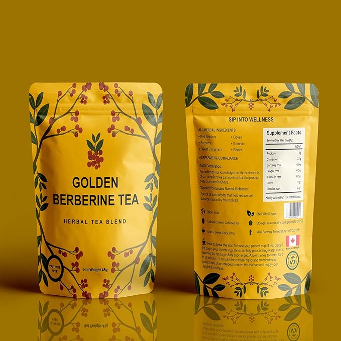 Berberine Tea 45g Natural Organic Caffeine-Free Blend Non-GMO Herbal in Plastic-Free Stand Alone Pouch Delicious Antioxidant for Immune Support - Bloomnest