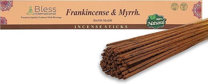 Bless-Frankincense-and-Myrrh 100%-Natural-Handmade-Hand-Dipped-Incense-Sticks Organic-Chemicals-Charcoal-Free Purification-Relaxation-Positivity-Yoga-Meditation Best-Woods-Scent (25 Sticks (1.4 OZ)) BlessInternational