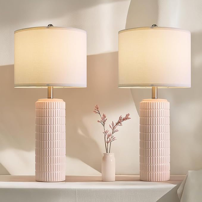 PoKat 27.5" Pink Ceramic Table Lamps for Girls Room Set of 2, Modern Bedroom Lamps, Bedside Lamps for Night Stands Living Room, Cute Lamps Pink Decor, Nightstands Desk Nursery - Bloomnest