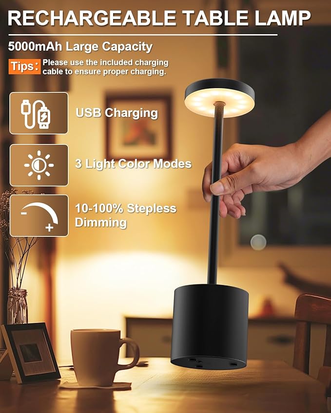 Cordless Table Lamps Rechargeable, Portable LED Desk Lamp, 5000mAh Battery Powered Wireless Table Light - 3 Color Dimmable Lighting for Restaurant Dining Patio Outdoor Bedroom(Black) - Bloomnest