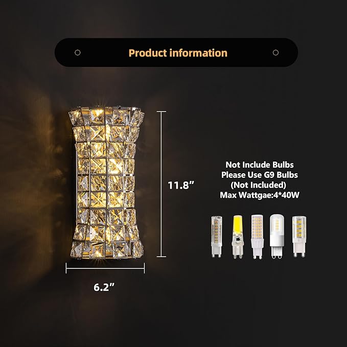 Crystal Wall Light Fixtures,Modern Chrome Wall Lamp with Clear K9 Crystals,Luxury Crystal Wall Sconces for Living Room Bedroom Bathroom Hallway Doorway Stairway,Bedside - Bloomnest