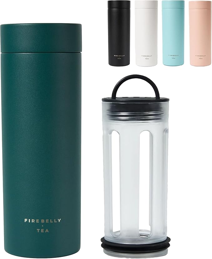 Firebelly Tea, Travel Tea Infuser Mug with Strainer, Insulated Tumbler for Loose Leaf Tea or Coffee, Leakproof Bottle for Hot or Iced Drinks, Stainless Steel Thermos with Lid, Forest - Bloomnest