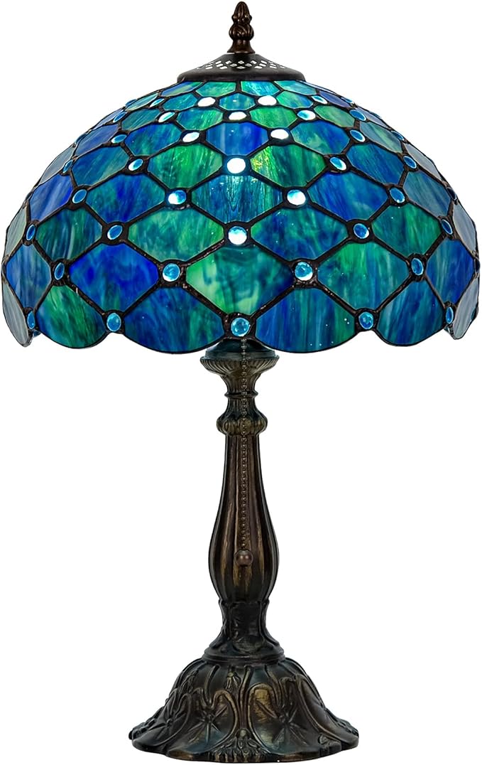 Tiffany Style Table Lamp Vintage Stained Glass Desk Lamp Sea Blue Pearls Bedside Reading Light Decor Bedroom Living Room Entry Home Office D12 xH18 - Bloomnest