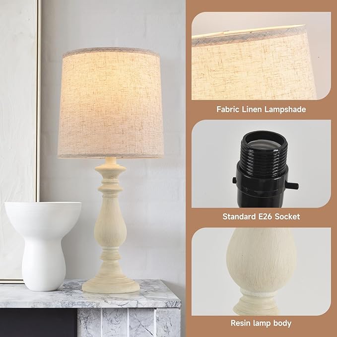 Lamps Set of 2 Vintage Rustic Farmhouse Table Lamps Bedside Reading Lamp Bedroom Nightstand Living Room Teapoy Lamp, Desk Light, 22 Inch High, White Wash, with Fabric Shade, Bulb Not Included - Bloomnest