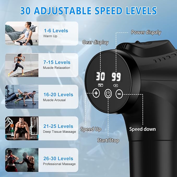 Massage Gun, Muscle Massage Gun for Athletes Handheld Electric Deep Tissue Back Massager, Percussion Massage Device for Pain Relief with 30 Speed Levels 9 Heads - Bloomnest
