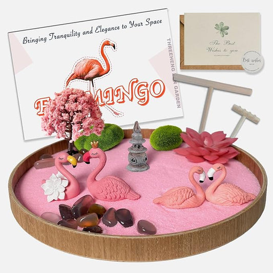 Flamingo Zen Garden for Desk - Pink Flamingo Decor, Sand Tray Therapy Kit for Desk and Office, Cute Japanese Décor Gift for Women, Mini Zen Garden for Relaxation and Stress Relief - Bloomnest