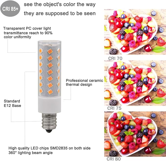 KAKEMONO E12 Dimmable LED Candelabra Bulb 6W 600lm C7 Light Bulb, 60W E12 Halogen Equivalent,2700K Warm White T6 120V for Ceiling Fan Chandelier Salt Lamp,Pack of 8 - Bloomnest
