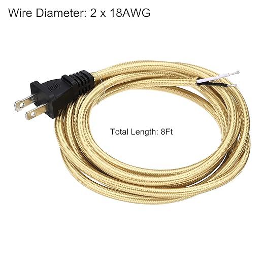 uxcell 8Ft 18/2 Cloth Covered Lamp Cord with Plug, Vintage Electrical Lamp Cord with Stripped Ends for Extension Wiring DIY Repairing, Light Golden