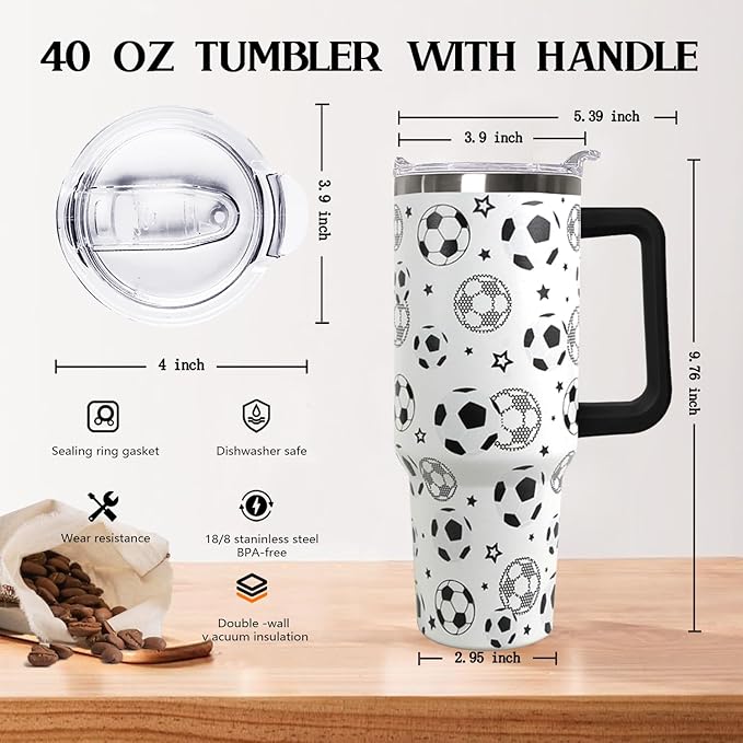 Ceovfoi 40 oz Soccer Coffee Mug Cup Vacuum Insulated Travel Tumbler with Handle Lid and Straw,Soccer Coach Gifts,Football Accessories Stuff - Bloomnest