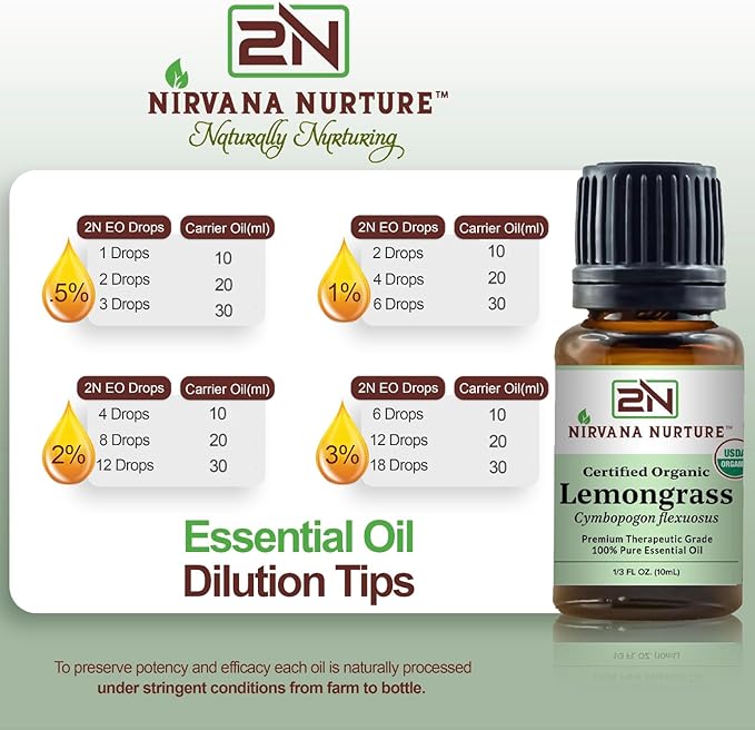Lemongrass Essential Oil, USDA Certified Organic, 100% Pure Undiluted, Aromatherapy Oil for Diffuser, Hair & Skin Care NirvanaNurture