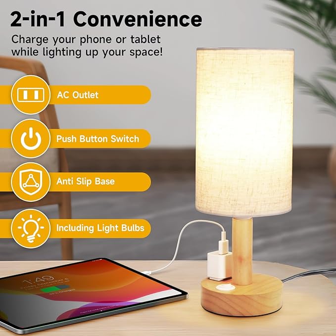 Small Bedside Table Lamp with AC Outlet,Natural Round Wood Base&Fabric Linen Shade,Cozy Night Table Light for Study Reading,Minimalist Boho Desk Lamp for Nightstand,Living Room,Nursery,Kitchen,Dorm - Bloomnest