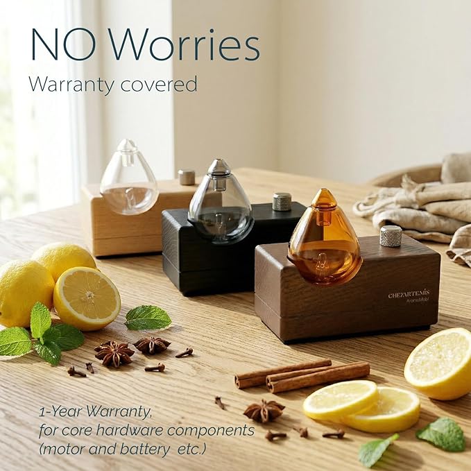 Amber Premium Glass Essential Oil Diffuser with Handmade Wood Base for Aromatherapy, Retro Waterless Scent Diffuser with Cool Mist, Rechargeable & Wireless Oil Nebulizer with LED & Timer, 2026 Model CHEZARTEMIS