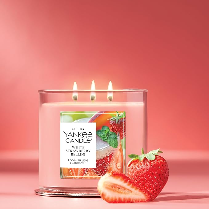 Yankee Candle White Strawberry Bellini, Scented Candle, 14.5oz 3-Wick Candle Jar with up to 40 Hours Burn Time, Giftable - Bloomnest