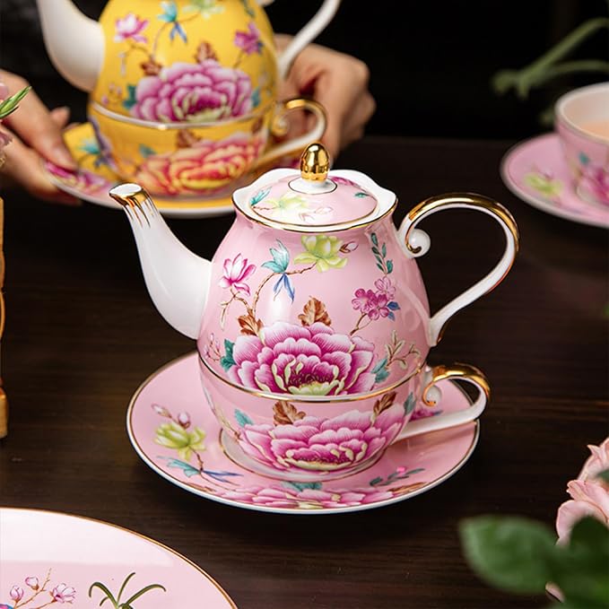 ACMLIFE Tea for One Teapot and Cup, Vintage Floral Porcelain Tea Set for One, Bone China Teapot with Cup Set, Tea Pot Gift for Women (Pink) - Bloomnest