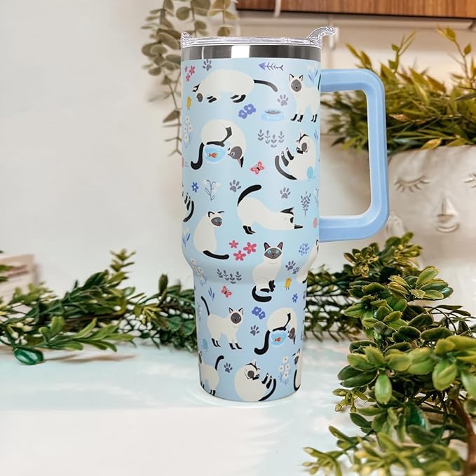 40 Oz Siamese Cat Coffee Travel Mug Cup Water Bottle Tumbler With Handle,Cat Gifts for Women - Bloomnest