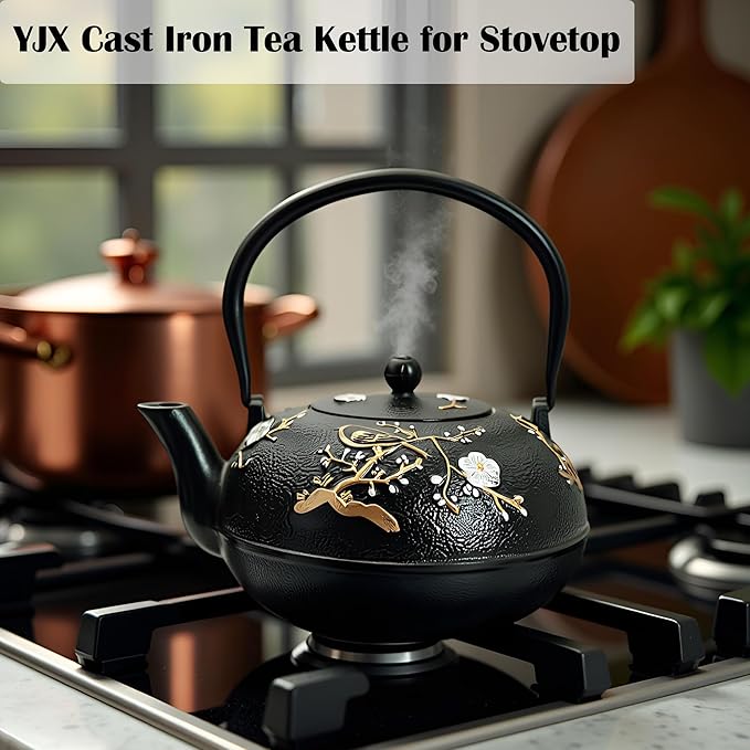 YJX 60.9oz Large Cast Iron Teapot for Stovetop, Japanese Tetsubin, Heavy and Durable Tea Pot, Tea Kettle with Stainless Steel Infuser for Loose Tea, Floral Pattern(1800ML) - Bloomnest