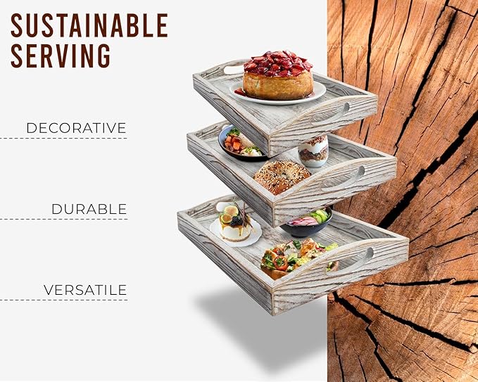 Comfify Serving Trays Set of 3 - Ottoman Wood Trays for Entertainment, Food and Decor - Rustic Farmhouse Distressed Wood Finish - Rustic White - Bloomnest