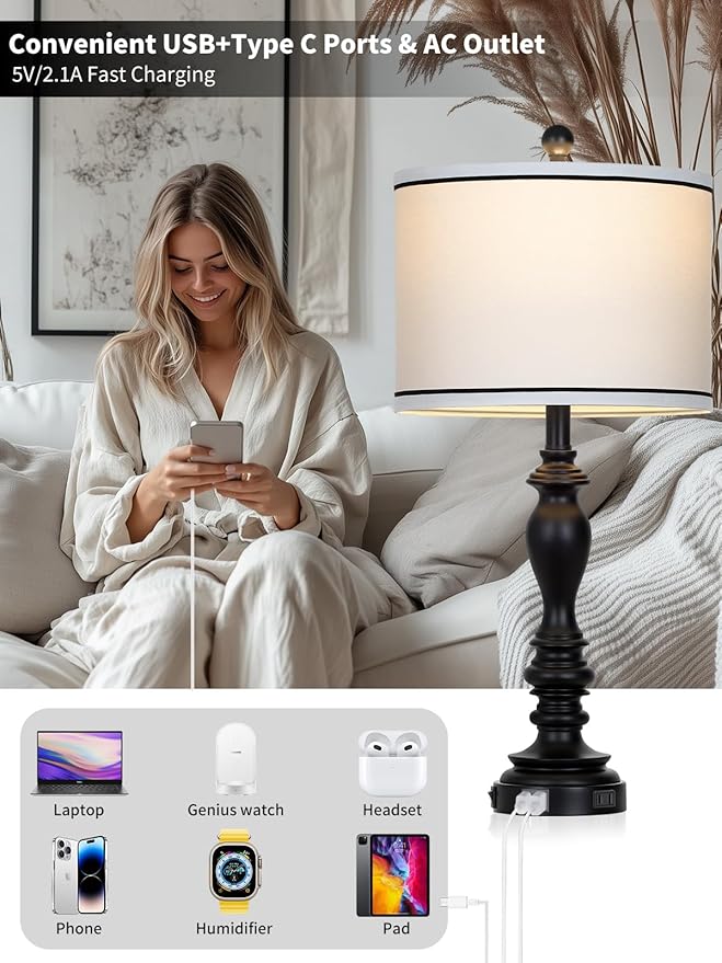 28" Set of 2 Farmhouse Table Lamps for Living room, Bedside Lamp with USB C+A Ports & AC Outlets, Black Vintage End Table Lamps for Bedrooms, Nightstand Lamps Fabric Shades Rustic 2 LED Bulbs Included - Bloomnest