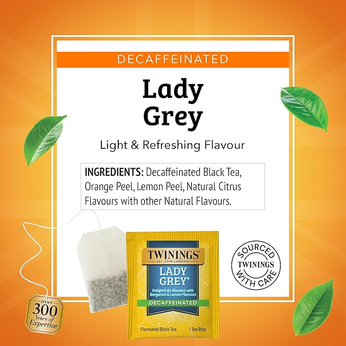 Twinings Decaffeinated Lady Grey Black Tea Individually Wrapped Bags, 100 Count (Pack of 1), Orange Peel & Lemon Peel, Fresh and Uplifting, Caffeinated, Enjoy Hot or Iced, 100 Teabags