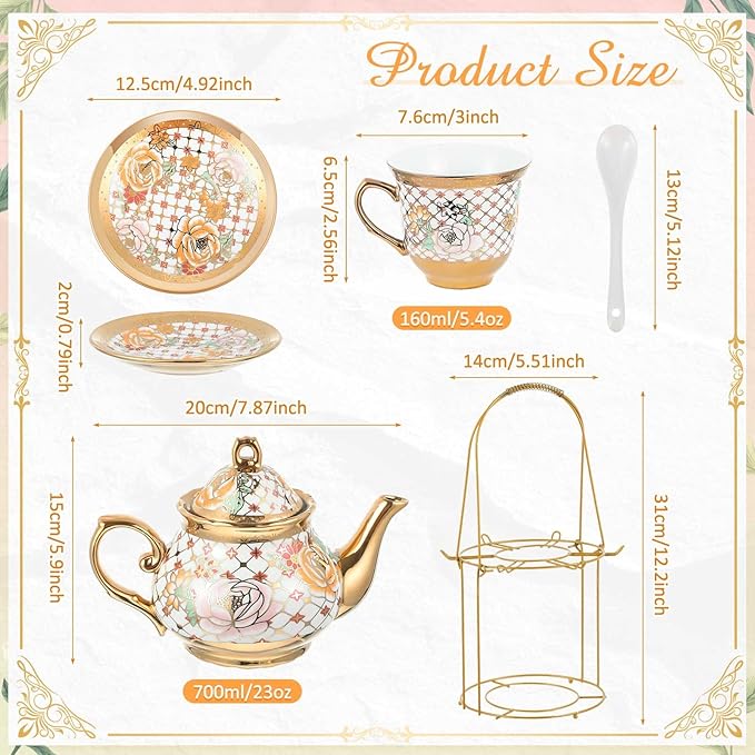Zhehao 20 Pcs Porcelain Tea Set with Metal Holder and Spoon Adult Ceramic Tea Set European Flower Painting Teapot Cup Saucer Spoon for Women, Large Version(Delicate Style) - Bloomnest