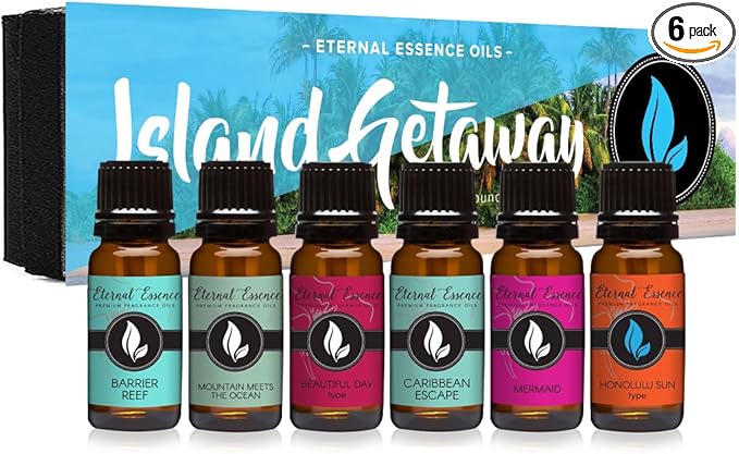 Eternal Essence Oils Island Getaway Set of 6 Premium Fragrance Oils - Includes Barrier Reef, Mountain Meets The Ocean, Beautiful Day, Caribbean Escape, Mermaid, and Honolulu Sun Hype - 10ML - Bloomnest