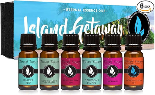 Eternal Essence Oils Island Getaway Set of 6 Premium Fragrance Oils - Includes Barrier Reef, Mountain Meets The Ocean, Beautiful Day, Caribbean Escape, Mermaid, and Honolulu Sun Hype - 10ML - Bloomnest