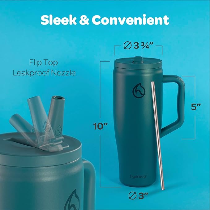 Hydracy Soulmate 40 oz Tumbler with Handle and Flip Straw - 100% Leakproof Reusable Insulated Cup with Stainless Steel Straw - Cupholder Friendly Rubber Base Travel Mug - Twilight Teal - Bloomnest