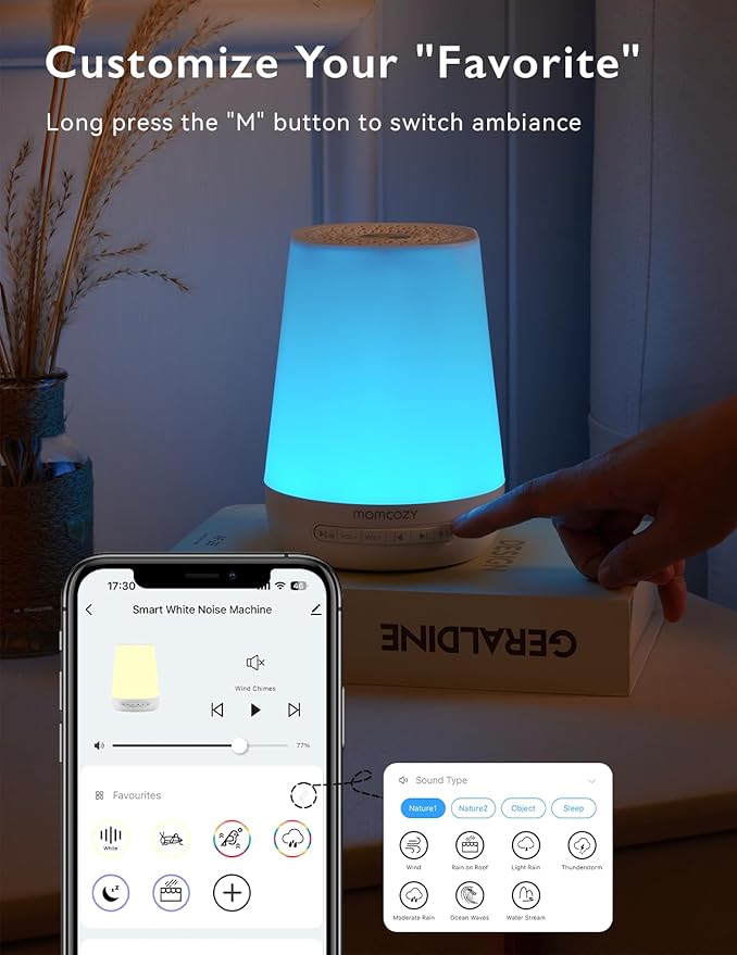 Baby Sound Machine, Momcozy White Noise Machine for Baby Sleeping with Night Light, Toddler Sleep Trainer with 34 Soothing Sounds, Timer, App Remote Control, Personal Sleep Routine (Blue) - Bloomnest