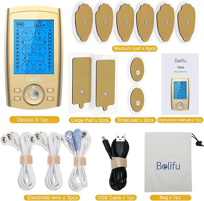 Belifu Dual Channel TENS EMS Unit 24 Modes Muscle Stimulator for Pain Relief Therapy, Electronic Pulse Massager Muscle Massager with 10 Pads, Dust-Proof Drawstring Storage Bag, Fastening Cable Ties Belifu