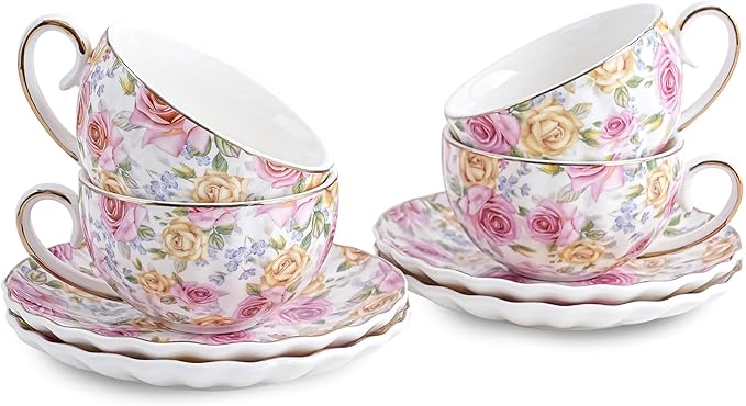 Tea Cup and Saucers, 6.4oz floral ceramic tea cups, Coffee Cappuccino Espresso Latte Mugs for Party Birthday,Christmas Gift (Pink and yellow roses) - Bloomnest