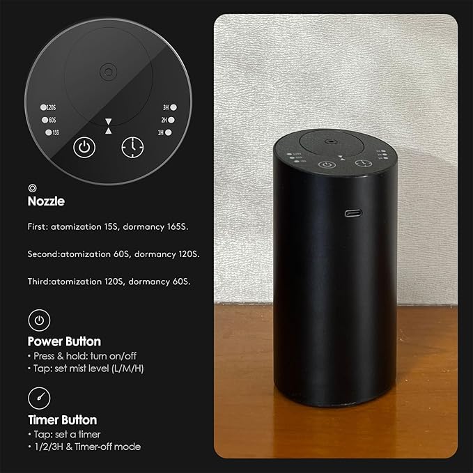 Car Diffuser, Waterless Essential Oil Diffuser with 2000mAh Battery & Timer, Adjustable Mist Cordless Aromatherapy for Car, Portable Air Freshener with Premium Aluminum Alloy & Type-C Charging (Black) - Bloomnest