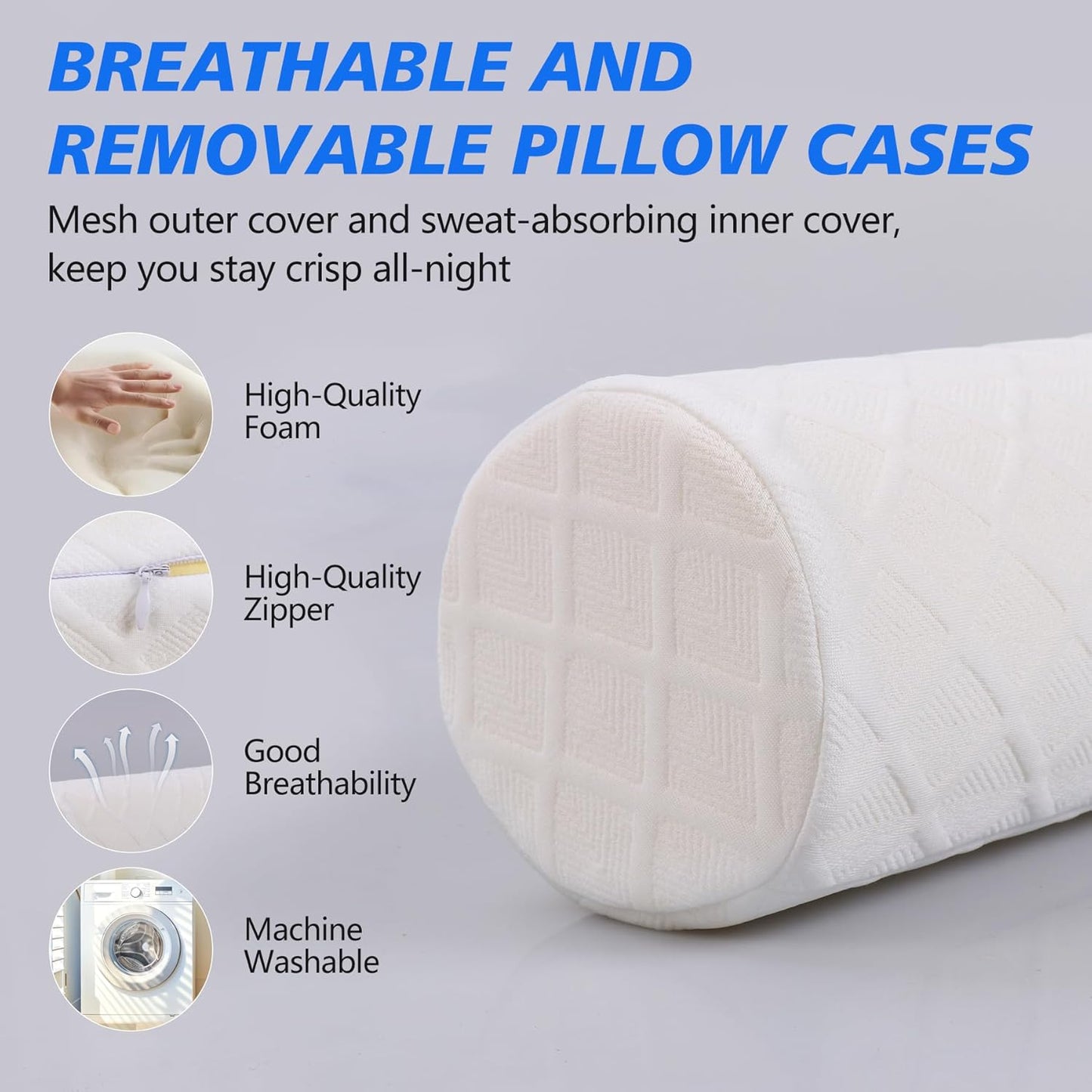 Cozyhealth Cervical Roll Pillow, Medium Soft Memory Foam Neck Round Pillow Cylinder Bolster Pillow for Sleeping, Round Neck Support for Bed, Legs, Back and Yoga (White, Large - 4.7" H)