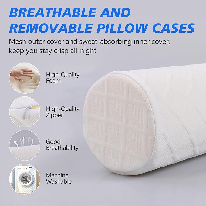 Cozyhealth Cervical Roll Pillow, Medium Soft Memory Foam Neck Round Pillow Cylinder Bolster Pillow for Sleeping, Round Neck Support for Bed, Legs, Back and Yoga (White, Medium - 3.9" H) - Bloomnest