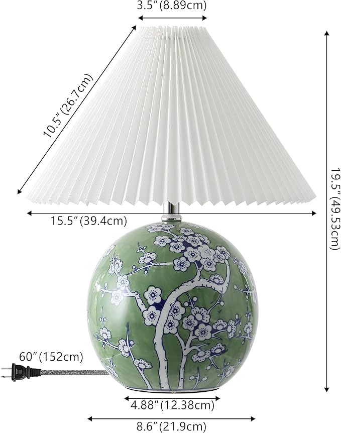JONATHAN Y JYL5056A Shishen 19.5" Cottage Classic Chinoiserie Ceramic Orb LED Table Lamp with Pleated Shade, Green/White for Bedroom, Living Room, Kitchen, Home Office, Kids Room - Bloomnest