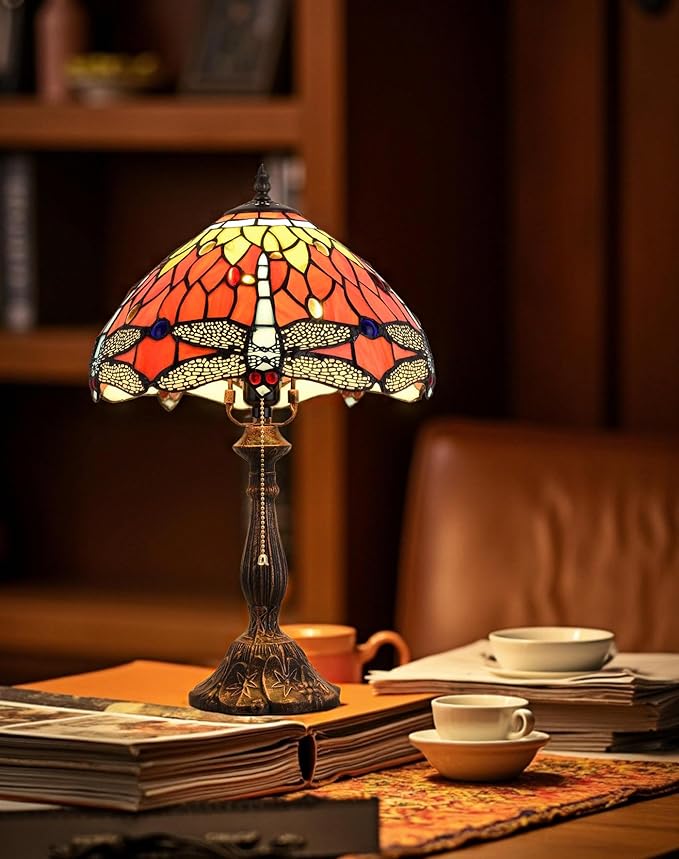 Tiffany Table Lamp, 12-inch Stained Glass Lamp for Living Room, Dining Room, Bedroom, Study Room, Office (Orange Dragonfly) - Bloomnest