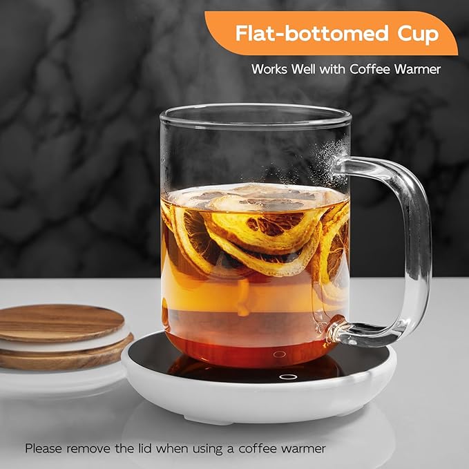 DRASTAR Glass Coffee Cups, 12 oz Clear Coffee Mugs, Flat Bottomed Cups with Acacia Wood Lid, Glass Tea Cup with Handle, Espresso Cappuccino Tea Cup Set of 2 - Bloomnest
