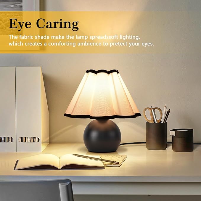 Matte Black Small Bedside Mini Table Lamp for Bedroom, Cute Bedroom Lamps for Nightstand, Cute Mini Table Lamps for Small Spaces with Scalloped Shade for Kitchen Counter, Bookshelf, Kids Dorm, Office - Bloomnest