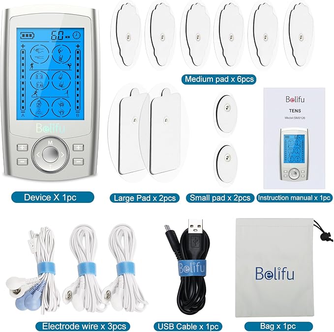 Belifu Dual Channel TENS EMS Unit 24 Modes Muscle Stimulator for Pain Relief Therapy, Electronic Pulse Massager Muscle Massager with 10 Pads, Dust-Proof Drawstring Storage Bag, Fastening Cable Ties Belifu