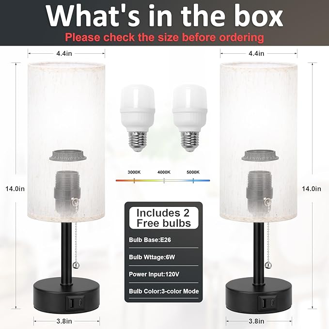 Fenmzee USB Bedside Table Lamps Set of 2-3 Color Temperatures Pull Chain Lamp with USB C and A Charging Ports, Round Night Stand Lamps for Bedroom - Bloomnest
