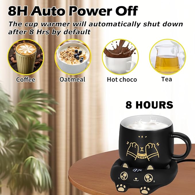 PUSEE Coffee Mug Warmer & Cute Cat Mug Set, Coffee Cup Warmer for Desk with Auto Shut Off, Beverage Warmer with 3 Temp Settings, Candle Warmer Coffee Warmer with Mug Set for Christmas & Birthday Gifts - Bloomnest