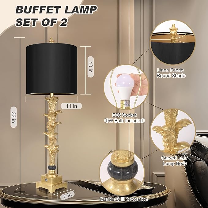 Table Lamps Set of 2 for Living Room, 3-Way Dimmable Touch Buffet Lamps with USB A+C Ports, Gold Leaf Finish Bedside Lamps with Black Linen Shades, Modern Nightstand Lamp for Bedroom Office Entryway - Bloomnest