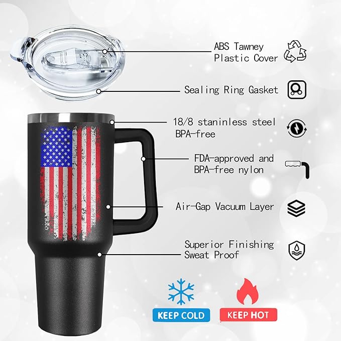 Ceovfoi American Flag Tumbler with Handle,40 oz Dad Vacuum Insulated Stainless Steel Travel Tumblers,Patriotic Military Gifts For Veterans, Police, Fathers Day, 4th of July - Bloomnest