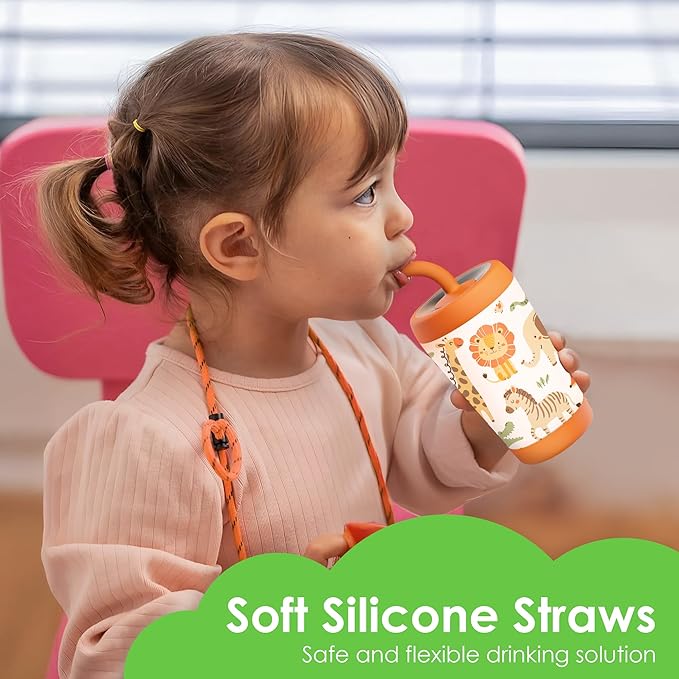 Kid Insulated Stainless Steel Tumbler with Silicone Straw, 12oz Sippy Cup for Kids (Jungle Animals) - Bloomnest