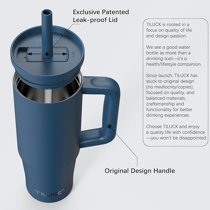 TILUCK 30 oz Tumbler with Handle, Vacuum Insulated Stainless Steel Travel Mug with 100% Leak-Proof Silicone Straw Lid, Cupholder Friendly Water Bottle(DarkBlue, 30oz)