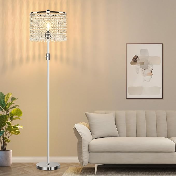 【Upgraded】 Dimmable Floor Lamps for Living Room, 1000LM LED Bulb Included, Standing Lamp with Crystal Lampshade, Tall Silver Pole Light for Bedroom Nursery Office Corner Reading - Bloomnest