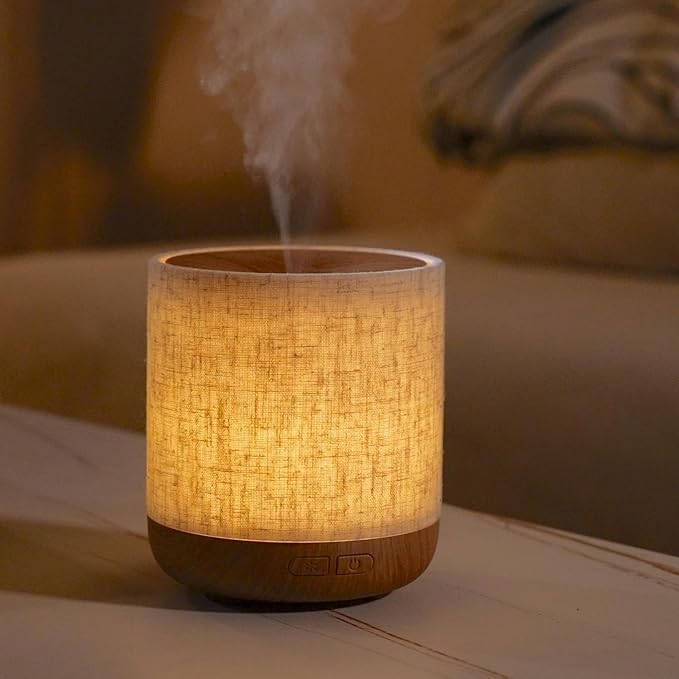 Essential Oil Diffuser 200ml with Fabric Cover and Night Lamp | Ultrasonic Aroma Diffuser | Humidifier w Lights | Room Decor | Small Humidifier for Bedroom | Gift (Light Brown) - Bloomnest