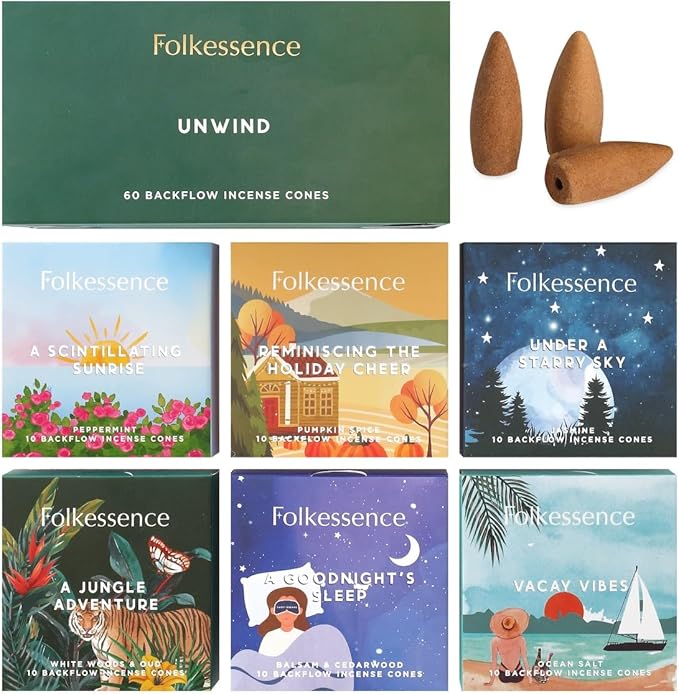 Folkulture Backflow Incense Cones (60 Cones) | Set of 6 Waterfall Insence Cones for Meditation, Aromatherapy | No Charcoal, Organic, Non Toxic Frankincense, Nag Champa, Sandalwood Inscents-Cones FOLKULTURE