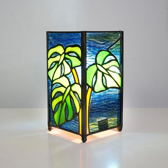 Tiffany Small Lamp Monstera Deliciosa Stained Glass Table Lamp Monstera Swiss Cheese Plant Mini Retro Accent Night Light for Home Decor Boys Girls Gifts - Bloomnest