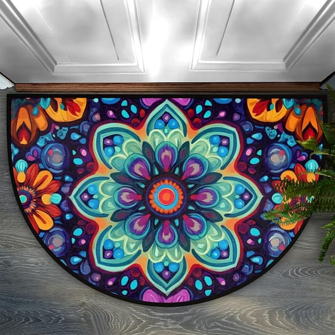 Half Round Door Mat, Boho Flower Half Circle Rug for Home Decor Floor Indoor Outdoor Non-Slip Washable Half Moon Rug Doormat 36X24 Inch - Bloomnest