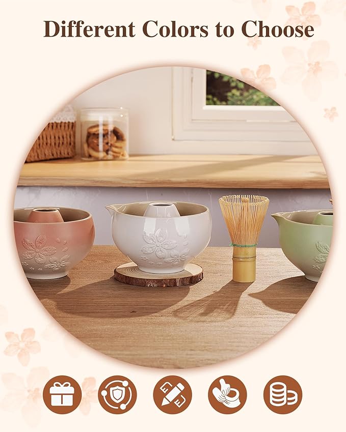 ZENS Matcha Whisk Set, Ceramic Matcha Set Includes 15oz Sakura Bowl, Bamboo Whisk & Chasen Holder, Scoop & Sifter-Tea Towel, 6pcs Matcha Kit for Matcha Lovers, White - Bloomnest